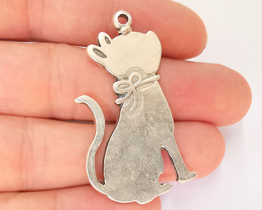 2 Cat Charms Antique Silver Plated Charms (48x28mm)  G22995