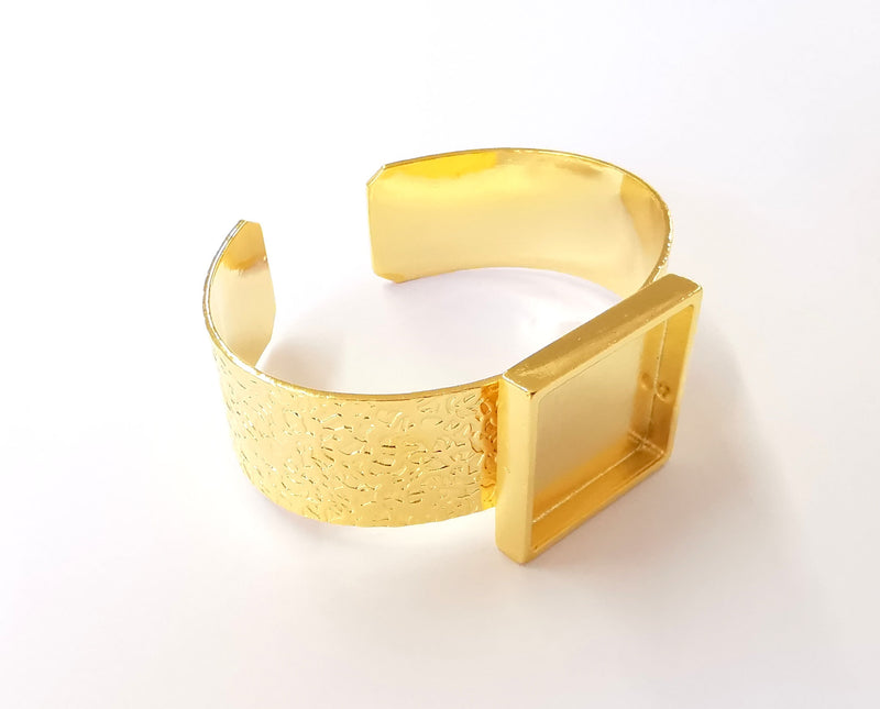 Bracelet blank Resin cuff Dry flower inlay blank Cuff bezel Glass cabochon base Textured adjustable Shiny gold plated (25x25mm ) G23409