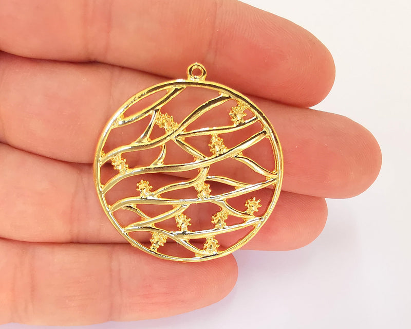 2 Round Flowers Charms 24k Shiny Gold Plated Charms (40x37mm)  G23006