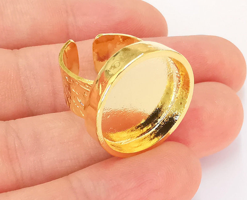 Gold Ring Setting Blank Bezel Ring Mounting Cabochon Base Adjustable inlay Ring Mosaic Ring Blank (20mm) 24K Shiny Gold Plated  G22950