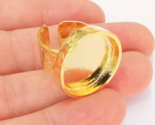 Gold Ring Setting Blank Bezel Ring Mounting Cabochon Base Adjustable inlay Ring Mosaic Ring Blank (20mm) 24K Shiny Gold Plated  G22950