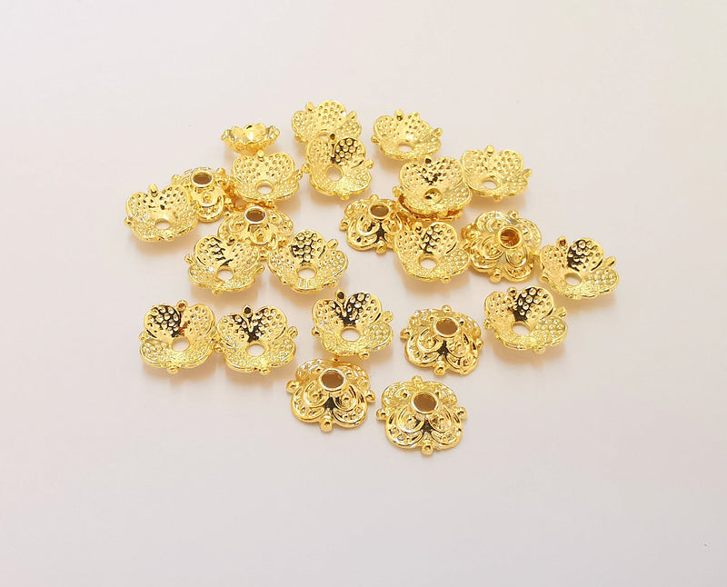 10 Flower Bead Caps Findings 24K Shiny Gold Plated Findings (10mm) G23012