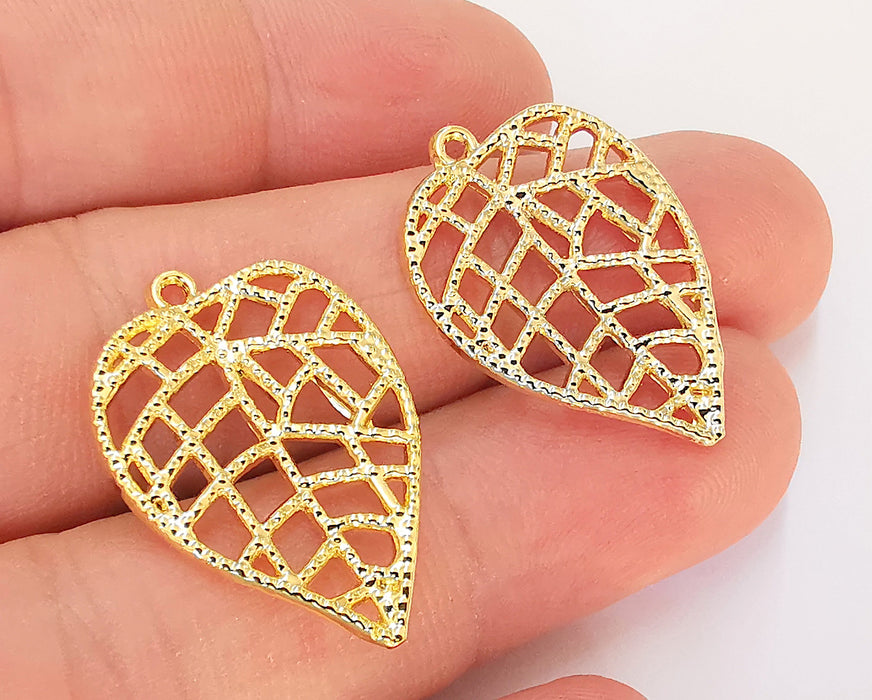 2 Leaf Charms 24K Shiny Gold Plated Charms (29x20mm)  G22948