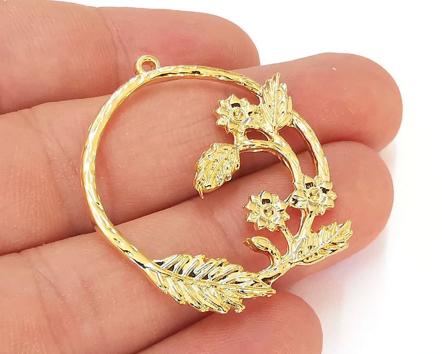 2 Leaf Flowers Charms 24k Shiny Gold Plated Charms (39x34mm)  G23014