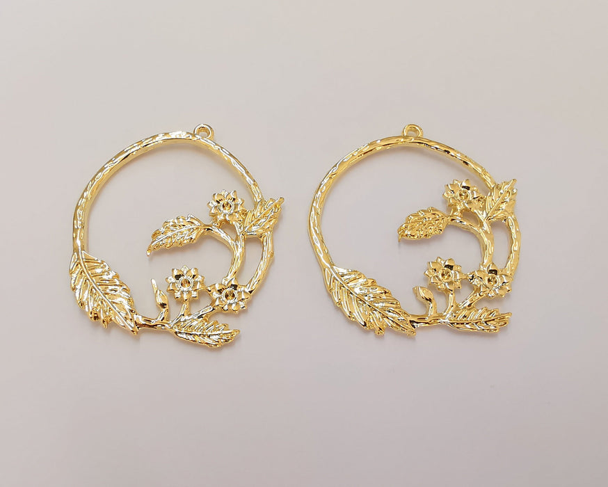 2 Leaf Flowers Charms 24k Shiny Gold Plated Charms (39x34mm)  G23014