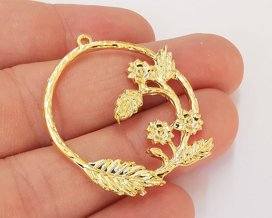 2 Leaf Flowers Charms 24k Shiny Gold Plated Charms (39x34mm)  G23014