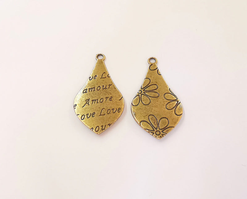 2 Flower double sided (Sides different) charms Antique bronze plated charms (39x20mm)  G23477