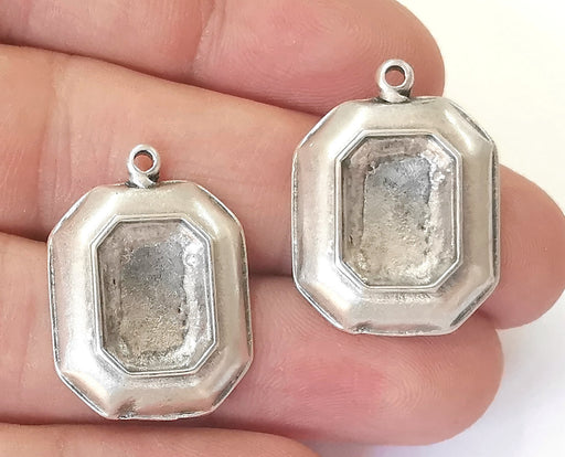 2 Silver Charms Blank Resin Blank Antique Silver Plated Charms 27x20mm  (14x10mmBlank)  G24344