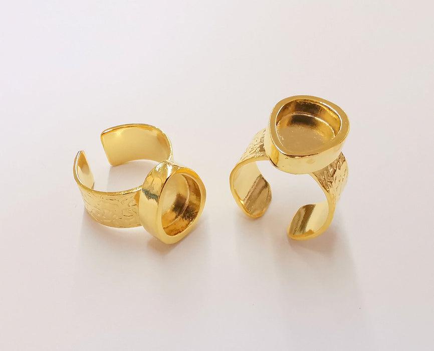 Gold Ring Setting Blank Bezel Ring Mounting Cabochon Base Adjustable inlay Ring Mosaic Ring Blank (14x10mm) 24K Shiny Gold Plated  G23046
