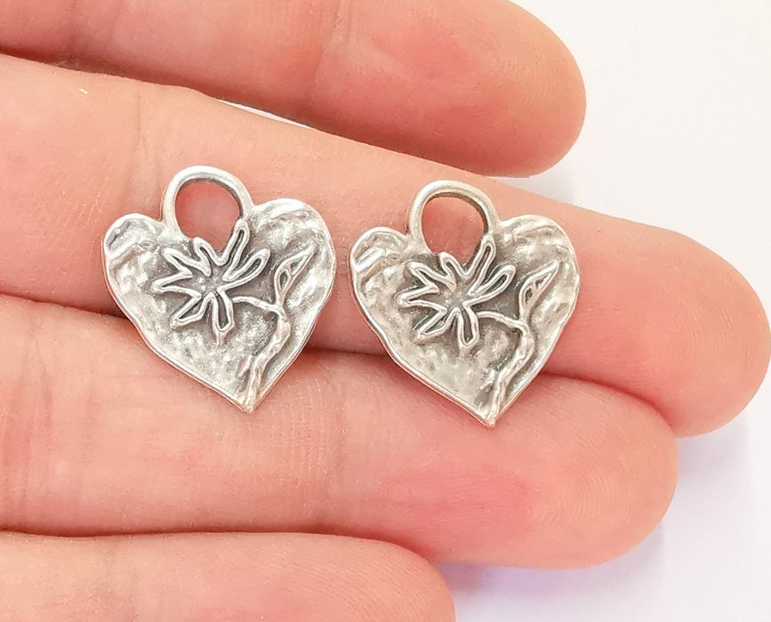 4 Heart Flower Charms Antique Silver Plated Charms (20x18mm)  G23050