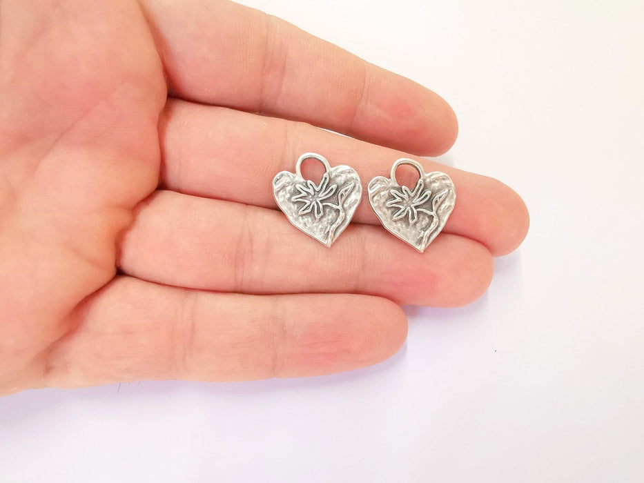 4 Heart Flower Charms Antique Silver Plated Charms (20x18mm)  G23050