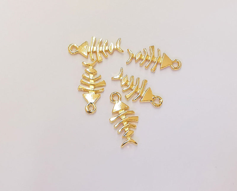 5 Fishbone Charms (Double Sided) 24k Shiny Gold Plated Charms (20x10mm)  G23086