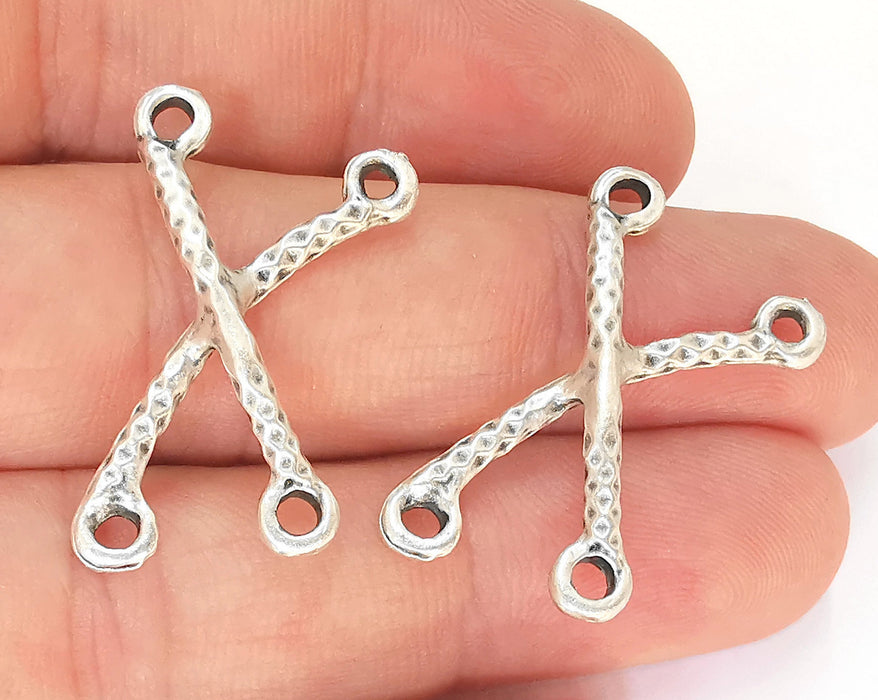 4 X Shape Cross Hammered Charms Connector Antique Silver Plated Charms (32x19mm)  G23091