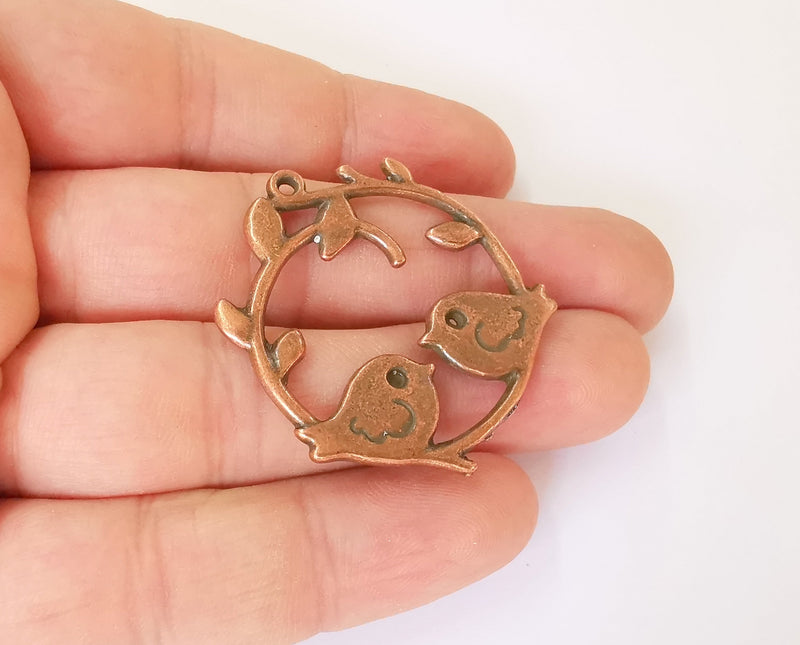 2 Bird, Leaf and Branch charms Antique copper plated charms (42x36mm) G23578