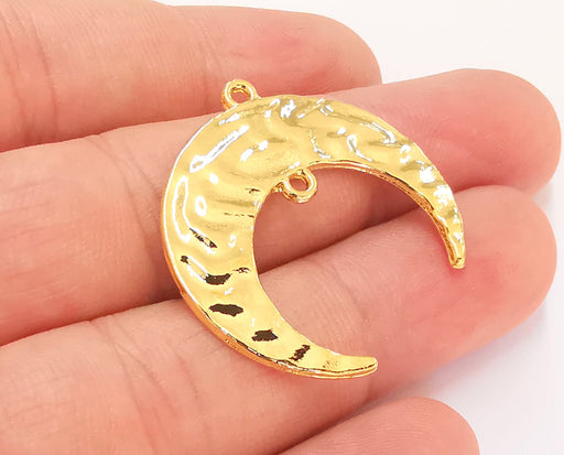 2 Crescent Charms Connector 24K Shiny Gold Plated Charms (32mm)  G23126