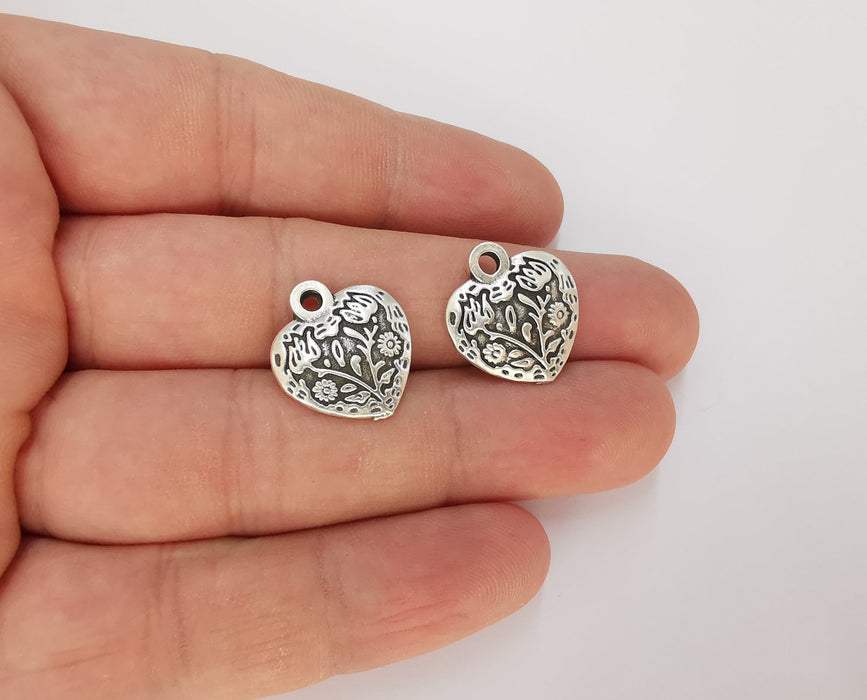 4 Heart Flower Charms (Double Sided) Antique Silver Plated Charms (19x17mm)  G23153