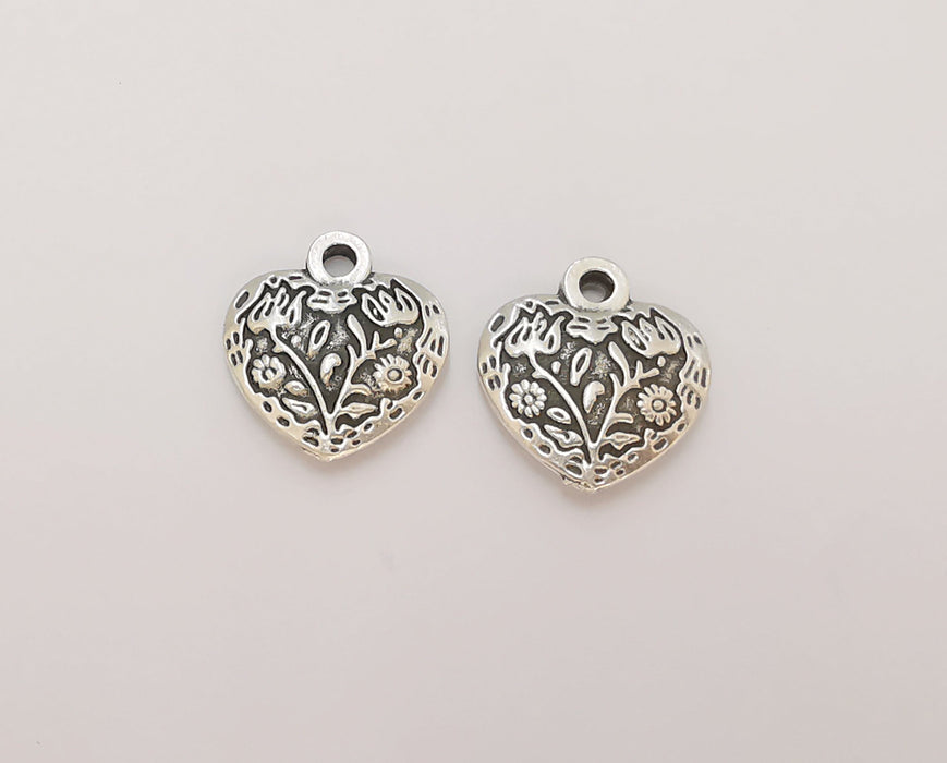 4 Heart Flower Charms (Double Sided) Antique Silver Plated Charms (19x17mm)  G23153