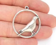 2 Bird Circle Charms Antique Silver Plated Charms (33mm)  G23155