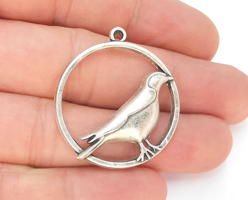 2 Bird Circle Charms Antique Silver Plated Charms (33mm)  G23155