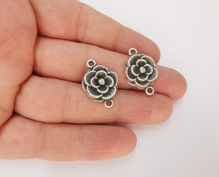 2 Flower Charms Connector Antique Silver Plated Charms (25x17mm)  G23157