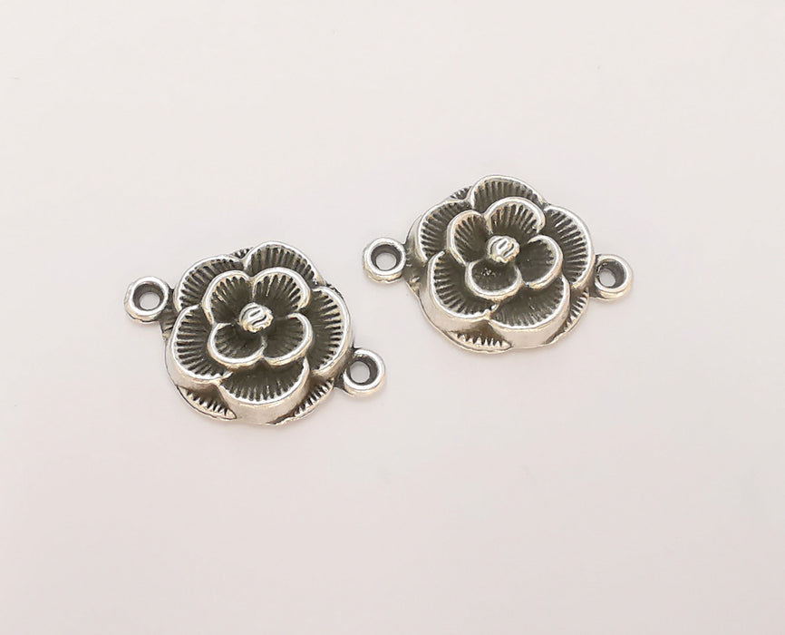 2 Flower Charms Connector Antique Silver Plated Charms (25x17mm)  G23157