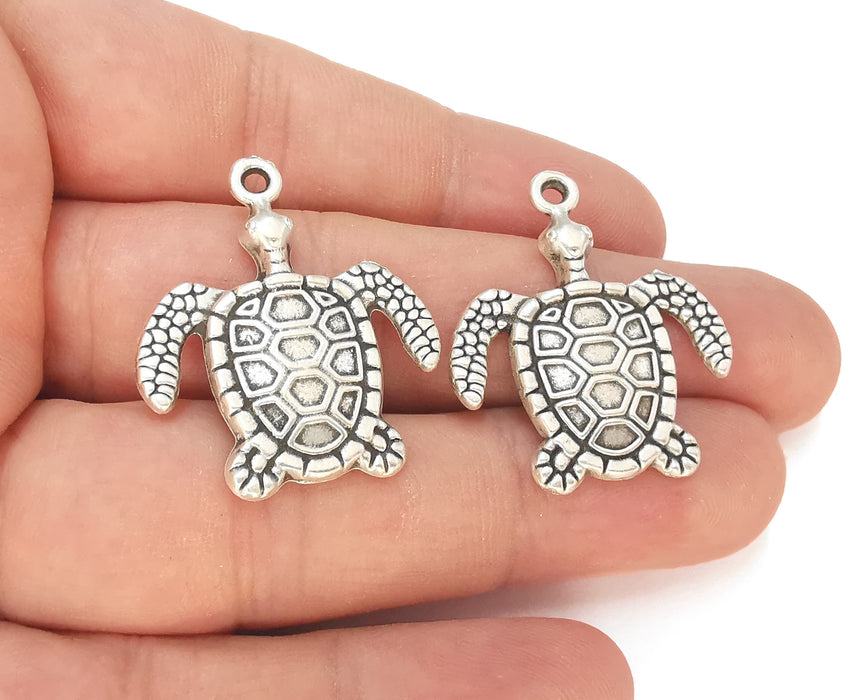 2 Sea Turtle Charms Antique Silver Plated Charms (33x28mm)  G23158