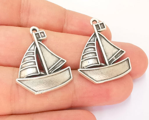 2 Sailing Ship Charms Antique Silver Plated Charms (30x25mm)  G23162