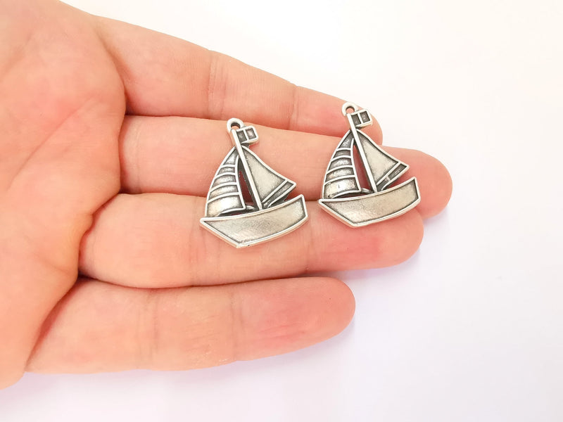 2 Sailing Ship Charms Antique Silver Plated Charms (30x25mm)  G23162