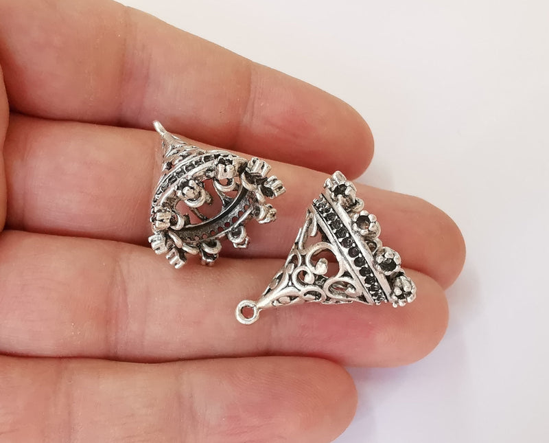 2 Silver Tassel Cap Cone Caps Findings Antique Silver Plated Brass  (25x21 mm)  G23676