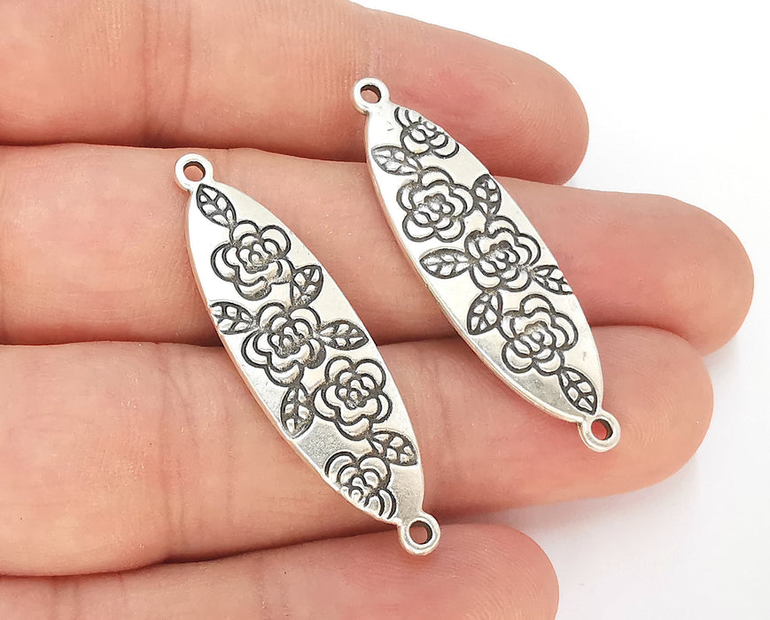 2 Flower Charms Connector (Double Sided) Antique Silver Plated Charms (43x13mm)  G23164