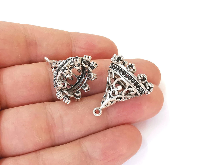 2 Silver Tassel Cap Cone Caps Findings Antique Silver Plated Brass  (25x21 mm)  G23676