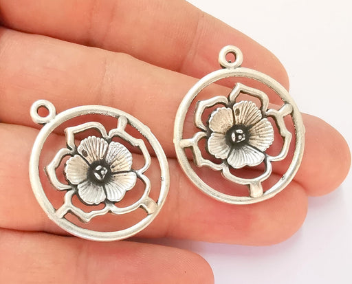 4 Flower Charms Antique Silver Plated Charms (33x27mm) G23172