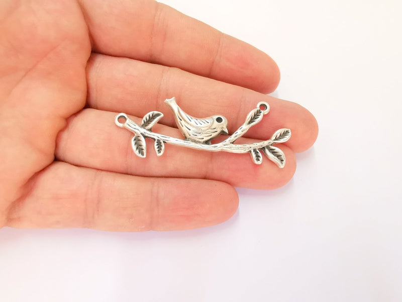 2 Bird and Leaf Branch Connector Pendant Antique Silver Plated Pendant (57x22mm) G23174