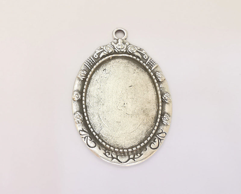 Flowers Frame Pendant Blank Antique Silver Plated Pendant (52x34mm) (34x24mm Blank Size)  G23189