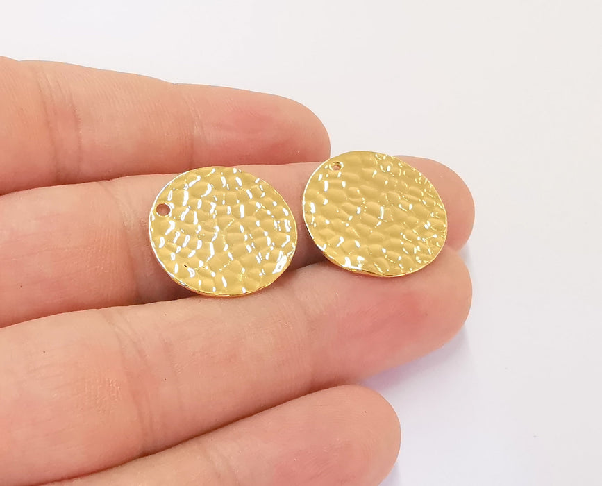 2 Hammered Round Charms 24K Shiny Gold Plated Brass Charms (21 mm)  G23237