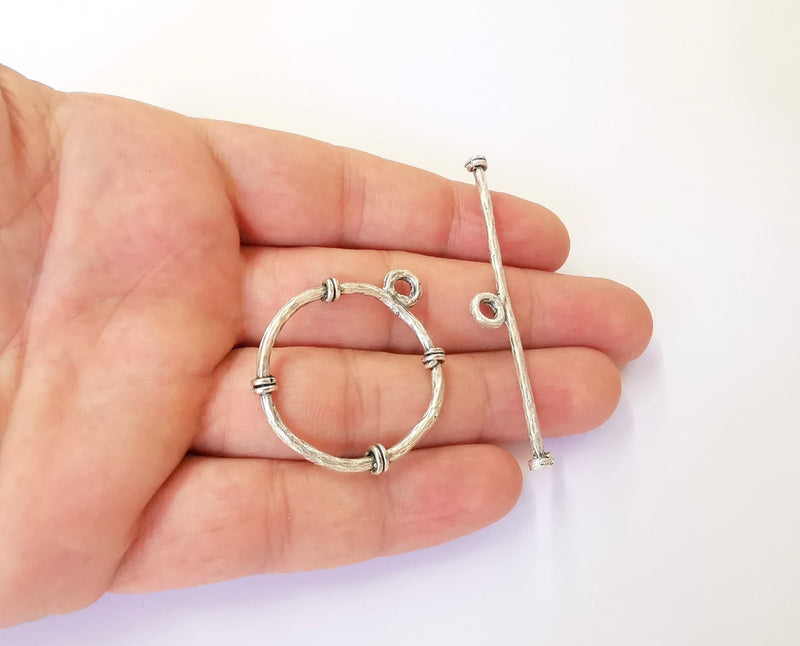 Hammered big toggle clasps Antique silver plated brass findings 1 Set  (40x34mm - 60x9mm)  G23726