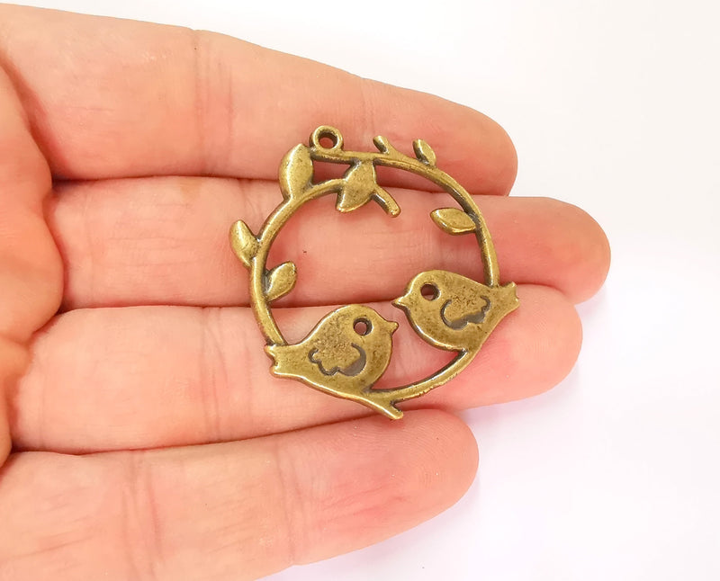 2 Bird, Leaf and Branch Charms Antique Bronze Plated Charms (42x36mm) G23277