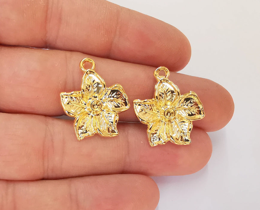 2 Flower Charms Bezel Blank 24K Shiny Gold Plated Charms (25x22mm)  G23292