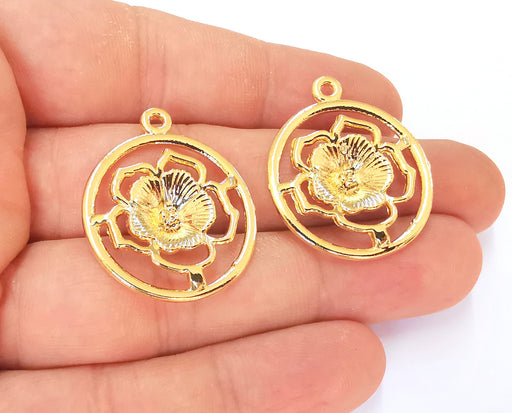 2 Flower Charms 24K Shiny Gold Plated Charms (33x27mm)  G23293