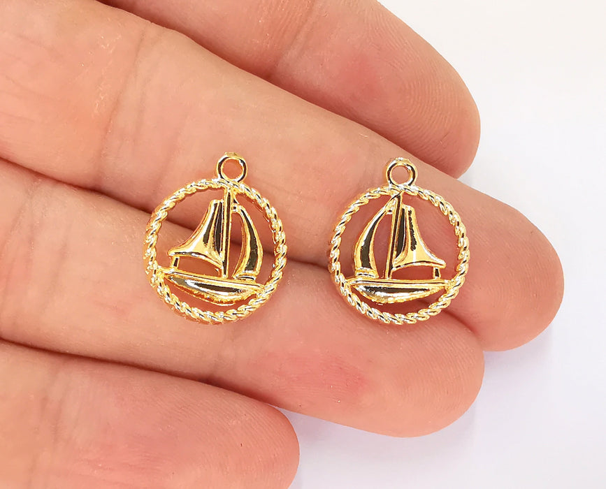 2 Sailing Boat Ship Charms (Double Sided) 24K Shiny Gold Plated Charms (18x16mm)  G23298