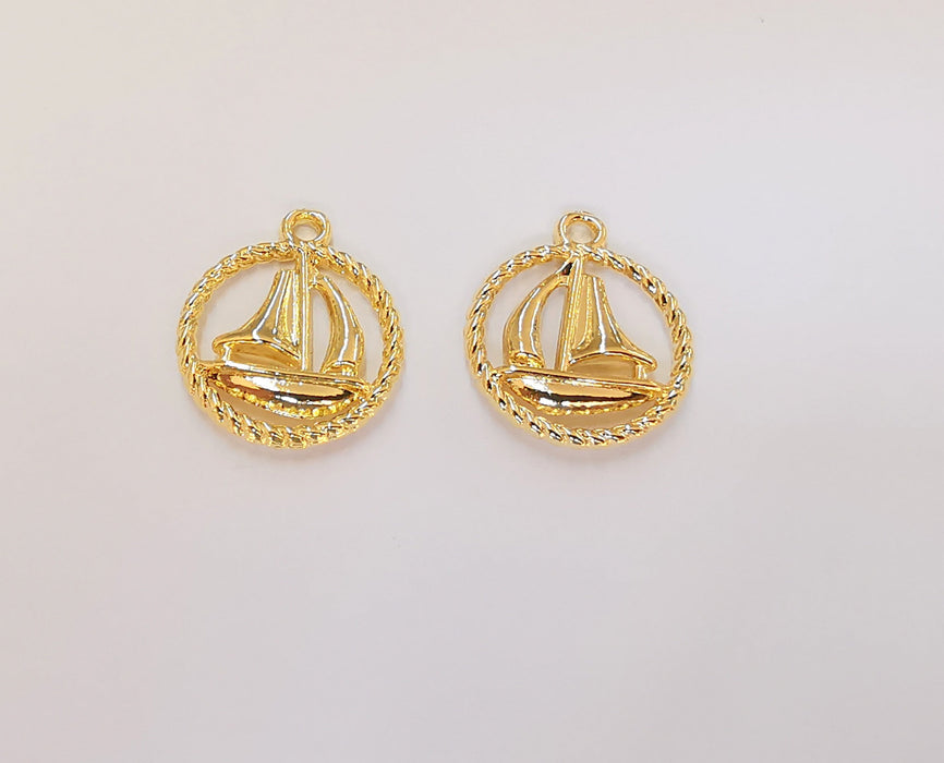 2 Sailing Boat Ship Charms (Double Sided) 24K Shiny Gold Plated Charms (18x16mm)  G23298