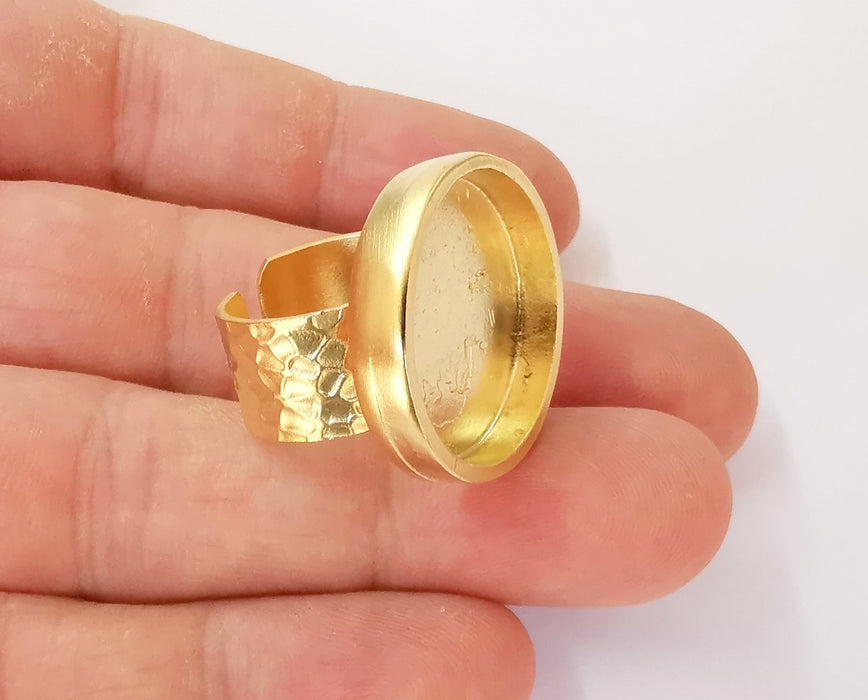 Hammered Ring Blank Setting Cabochon Base inlay Mounting Adjustable Ring Bezel Gold Plated (22mm blank ) G23328