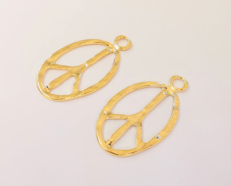 2 Hammered Peace Charms 24K Shiny Gold Plated Charms (46x26mm)  G23329