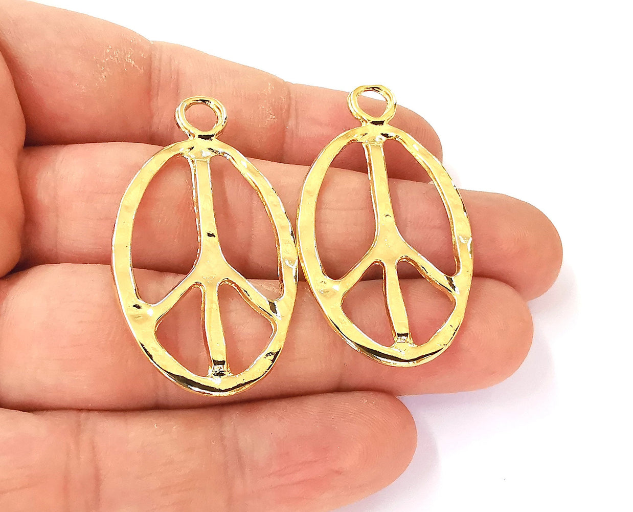 2 Hammered Peace Charms 24K Shiny Gold Plated Charms (46x26mm)  G23329