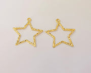 2 Hammered Shiny Star Charms 24K Shiny Gold Plated Charms (37x35mm)  G23337