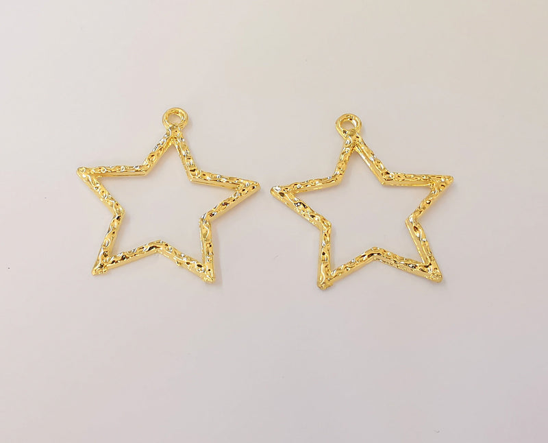 2 Hammered Shiny Star Charms 24K Shiny Gold Plated Charms (37x35mm)  G23337