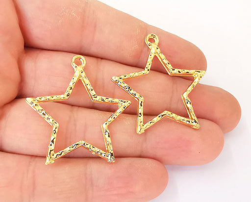 2 Hammered Shiny Star Charms 24K Shiny Gold Plated Charms (37x35mm)  G23337