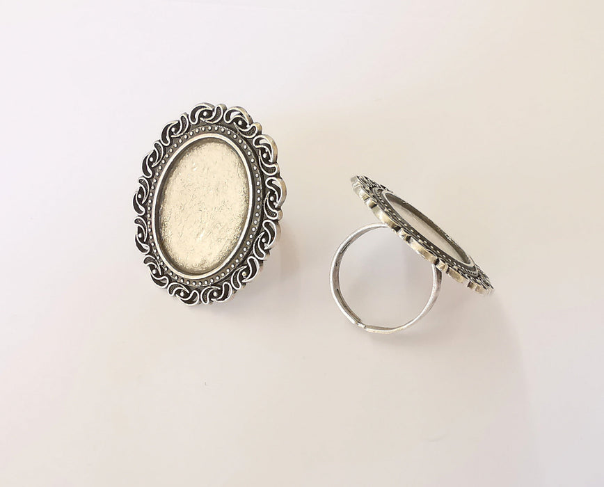 Silver Ring Setting Blank Cabochon Base Ring Mounting Adjustable Ring Base Bezel (25x18 mm) Antique Silver Plated  G23938