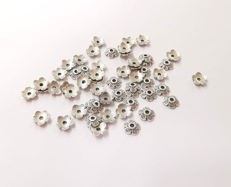 20 Flower bead caps Antique silver plated bead caps , Findings  (7 mm)  G23795