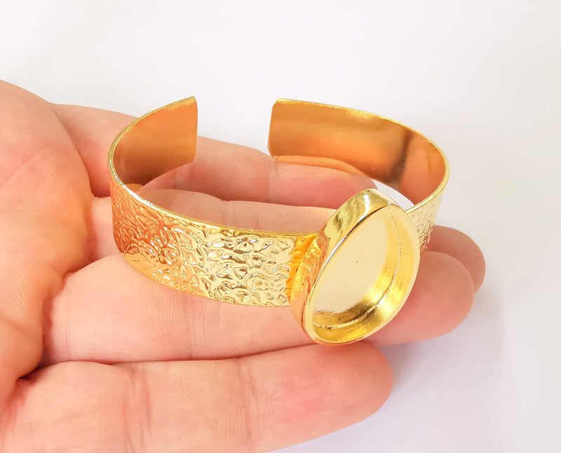 Bracelet blank Resin cuff Dry flower inlay blank Cuff bezel Glass cabochon base Textured adjustable Shiny gold plated (25x18mm ) G23387